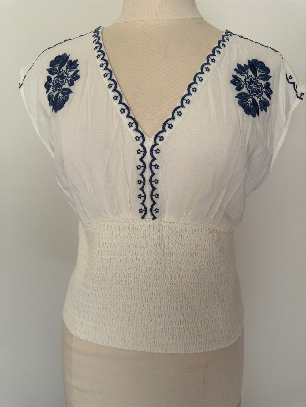 White Embroidered V-Neck Smocked Waist Top - Blue Floral Detail